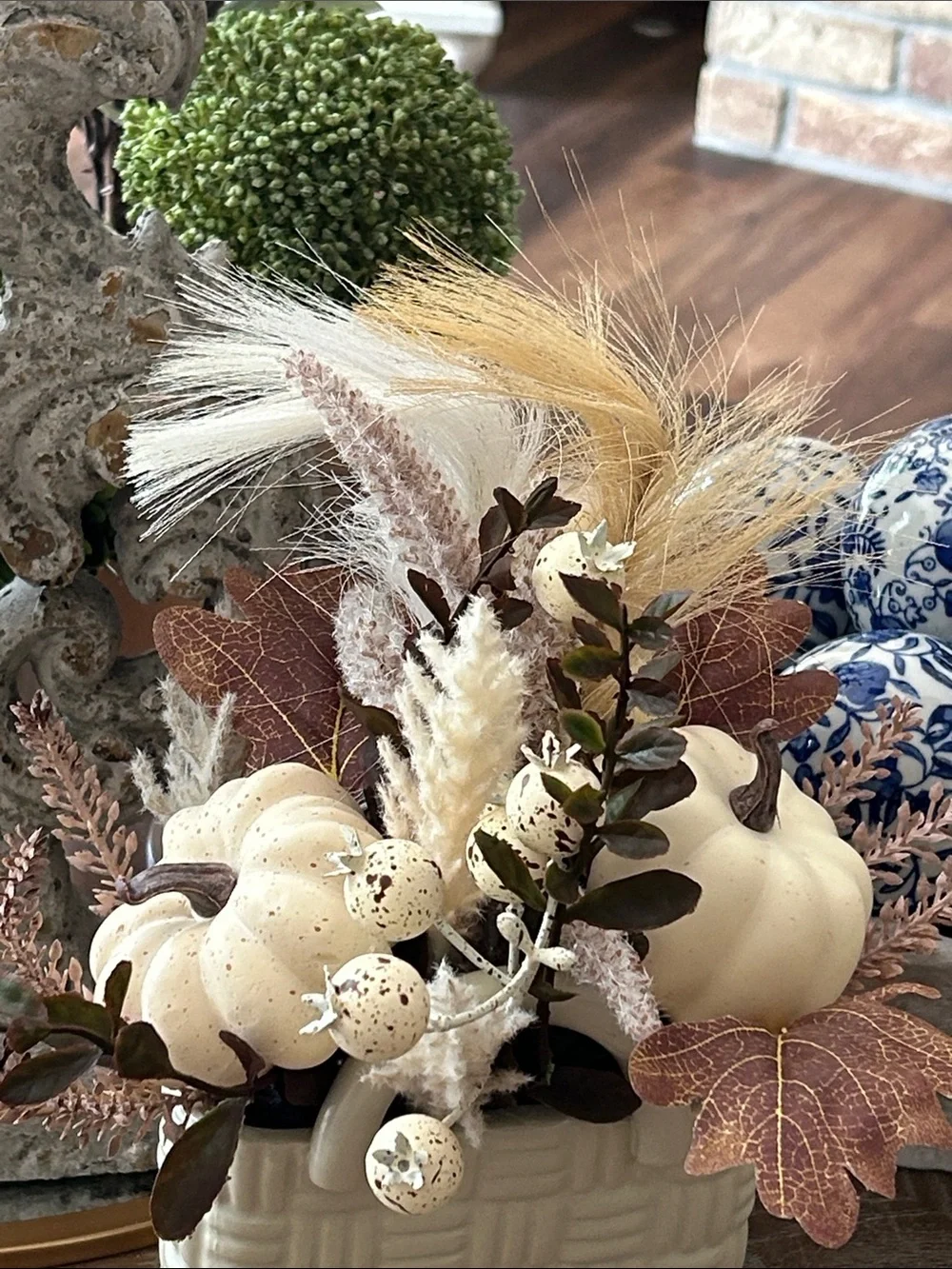 NEW! Shabby Chic Fall Harvest Floral Pumpkin White Ceramic Basket Centerpiece